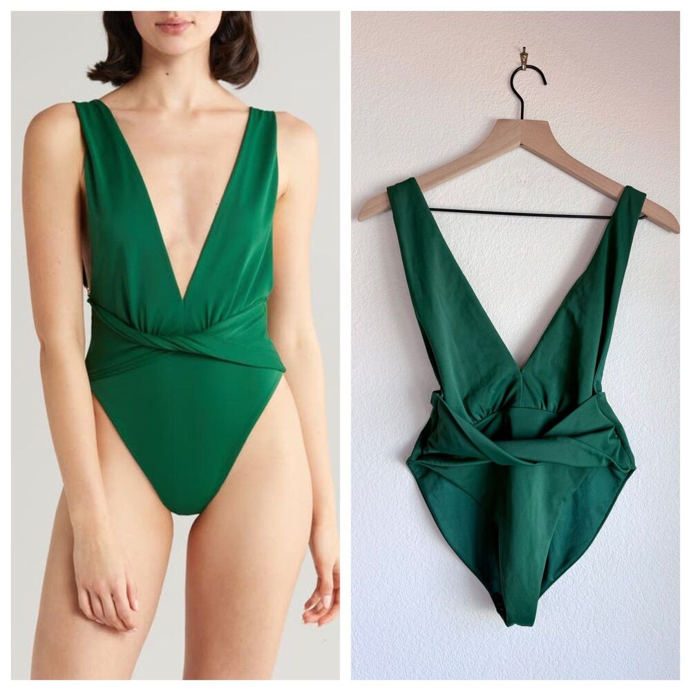 Agua Bendita Ellis Twist Front Plunge One Piece Swimsuit Green Size Small EUC